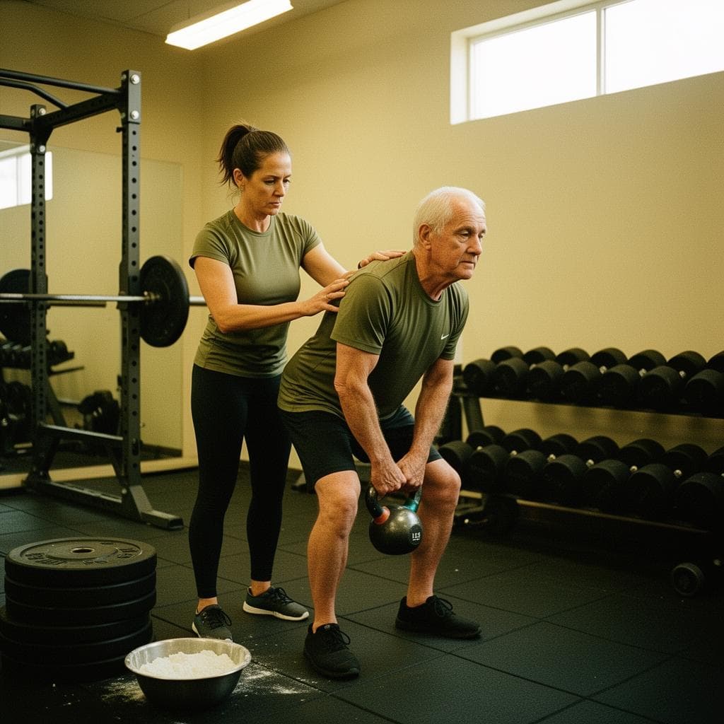 Female coach in her early 40s guiding an older client through a controlled hip hinge with a kettlebell at the Align gym in Redding, California